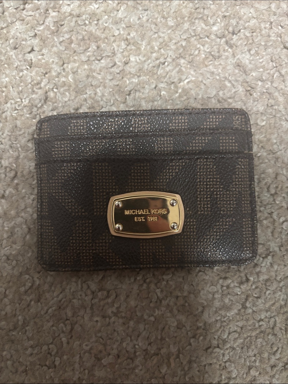 Michael Kors Brown Logo Monogram Card Holder with Gold Plaque
